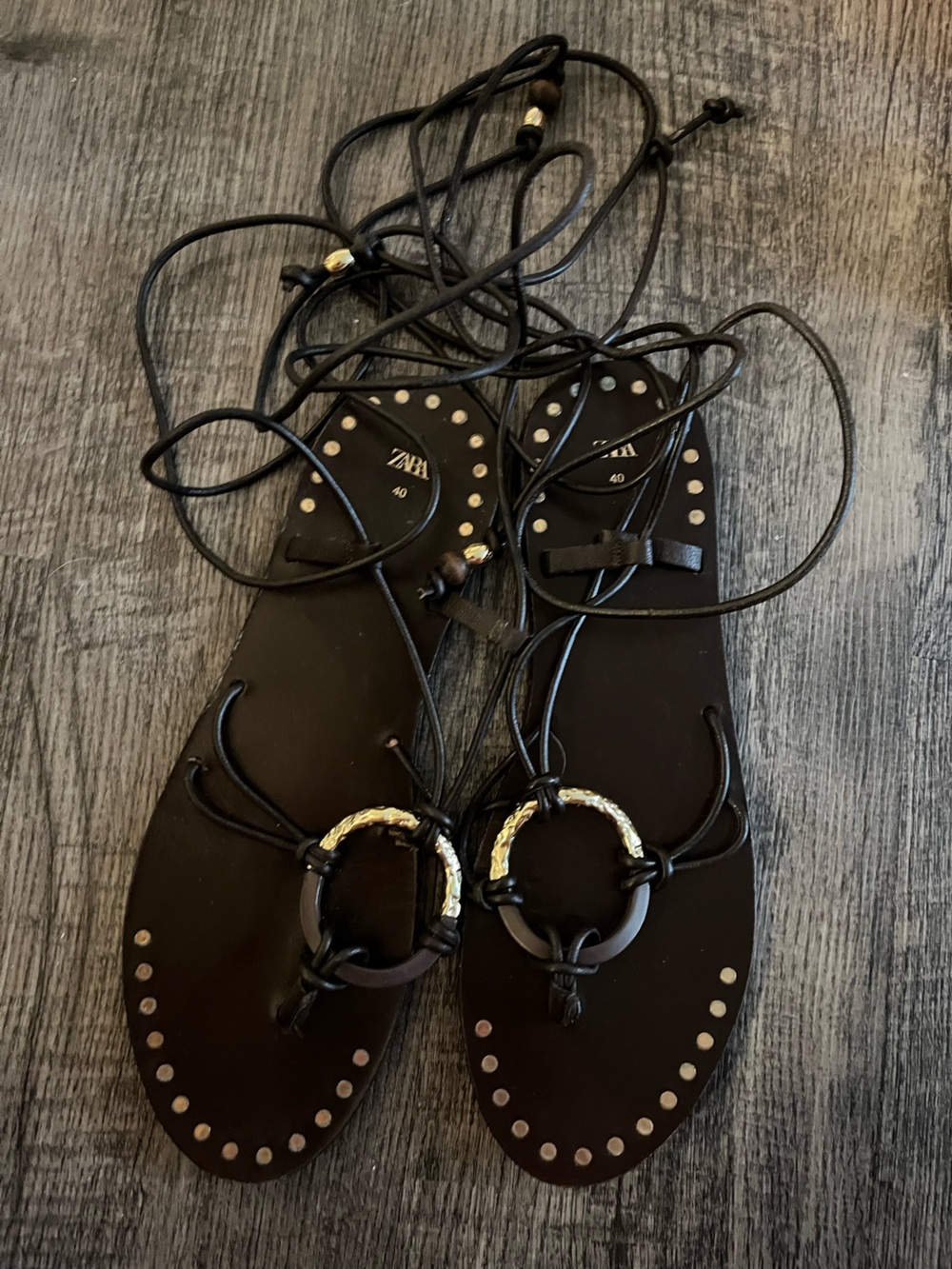 Zara Black Lace-Up Sandals with Gold Ring Detail